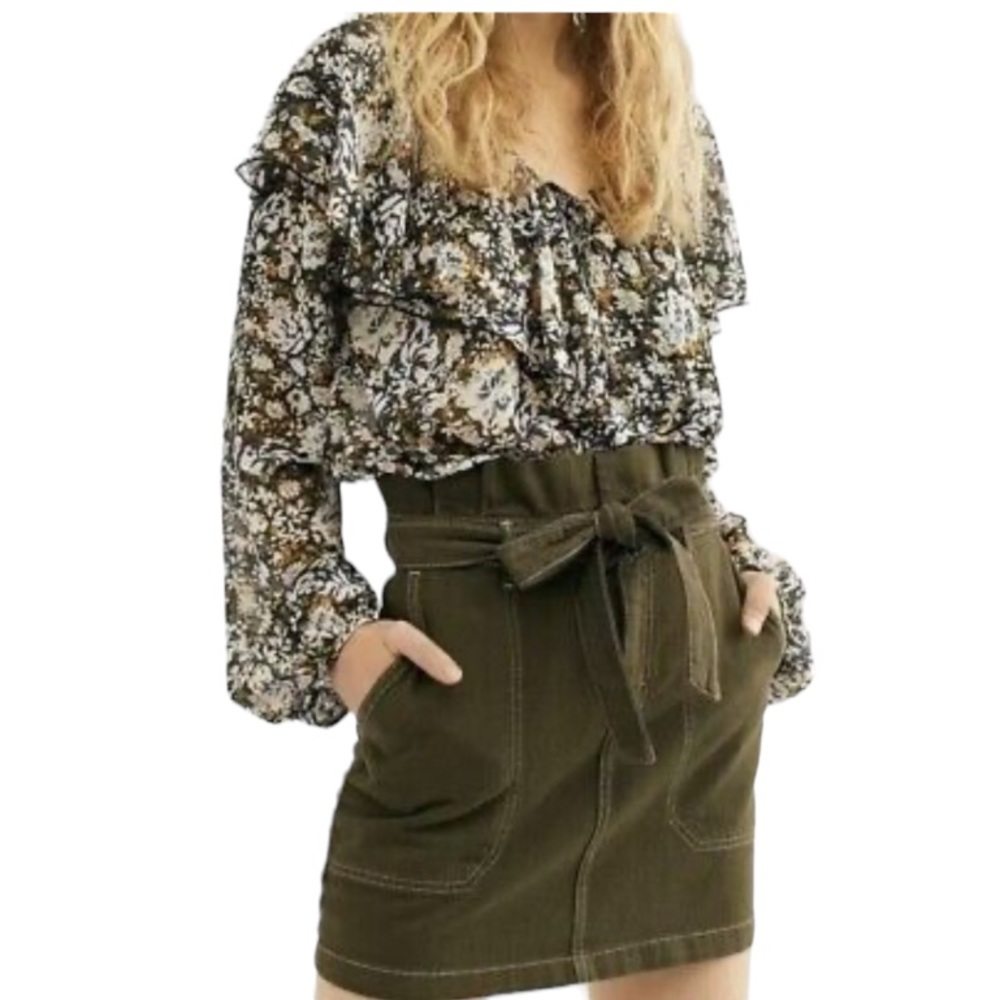FREE PEOPLE OLIVE GREEN TIE SASH BELTED MINI SKIRT SIZE 4 NEW WITH TAGS